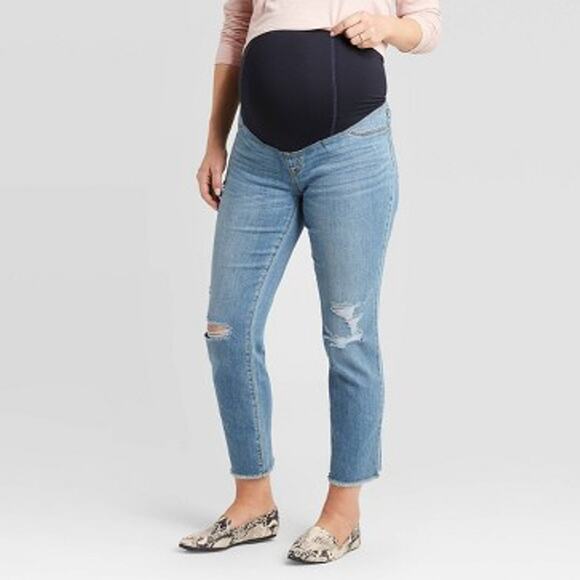 Isabel Maternity Over Belly Cropped Distressed Straight Maternity Jeans 2 - Picture 2 of 8